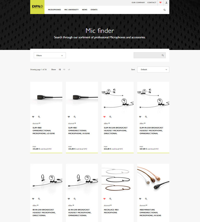 The Mic Finder search feature on DPAMicrophones.com