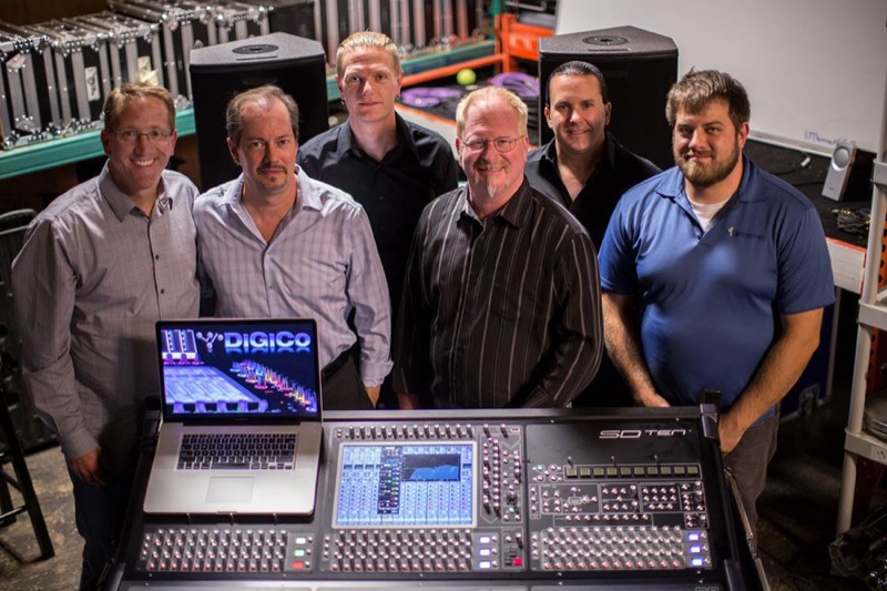 – DiGiCo/Group One’s Matt Larson (left) with Bob Jordan (second from left) and the Right Track Marketing team at DiGiCo’s SD10 mixing console