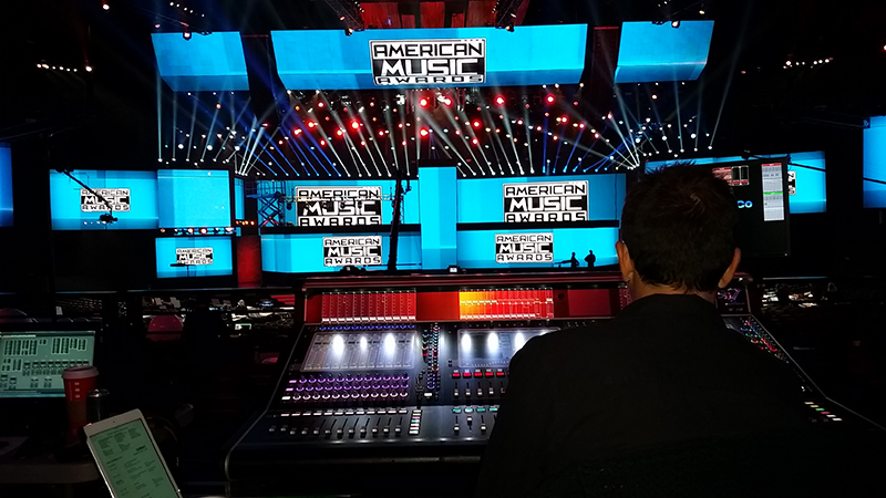 Jim Ebdon, FOH Music Mixer, mixing during rehearsals at the 43rd annual AMA Awards