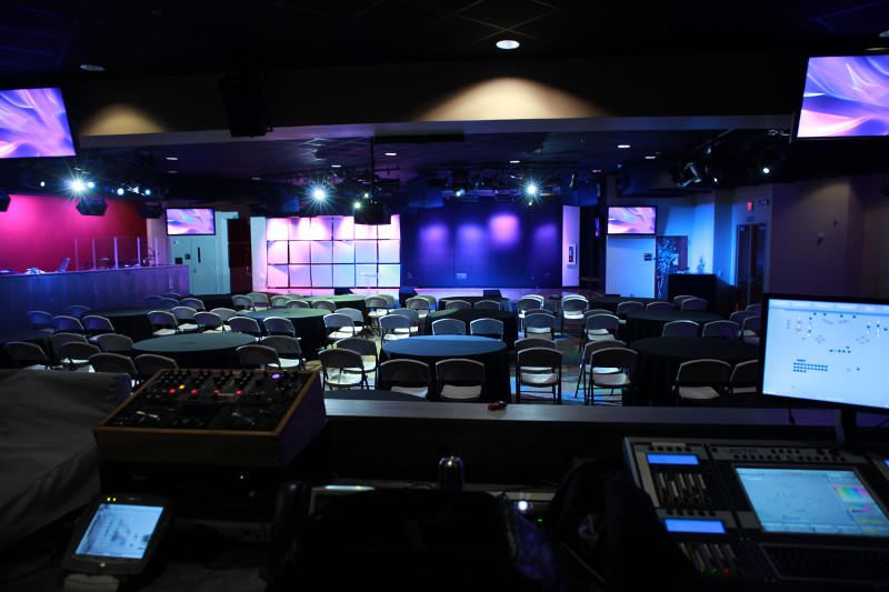 The main worship space at Oak Cliff Bible Fellowship, featuring an extensive arsenal of sound, video and lighting components sourced through GC Pro and installed through GC Pro’s Affiliate Program by affiliates Crown Audio Video and Trinity Group International.