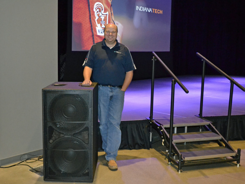 Pictured here is Justin Spitler with a WorxAudio UltraWave 218S high performance bass reflex loudspeaker.