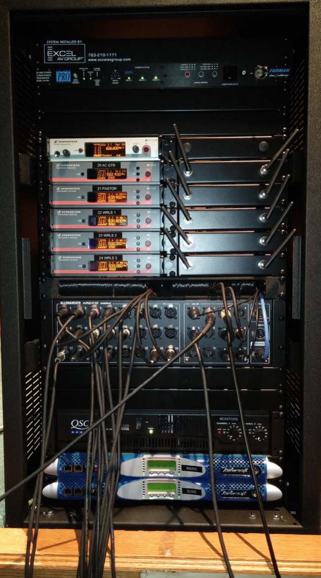 The rack at Bayside Baptist Church, including a Powersoft K10 DSP+AESOP and a Powersoft K3 DSP+AESOP