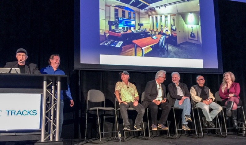 The NAMM TEC Tracks Session, Dream Studios by Design, featuring noted producers, engineers and designers. (L to R): Carl Tatz, Ed Cherney, Bob Bullock, John Storyk, Vincent van Haaff, Buddy Brundo and Sylvia Massey