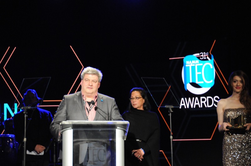 Wolfgang Fraissinet, President of Neumann.Berlin and Director Audio Recording at Sennheiser, accepting the NAMM Foundation Outstanding Technical Achievement award for the Neumann U 47 fet microphone during a ceremony held at the Anaheim Hilton on January 23, 2016.