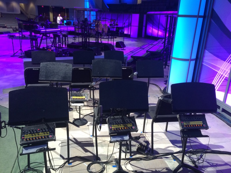 A view of the orchestra setup for Prestonwood Baptist Church’s holiday program at its Plano, Texas campus, featuring a large number of Roland M-48 Live Personal Mixers. 
