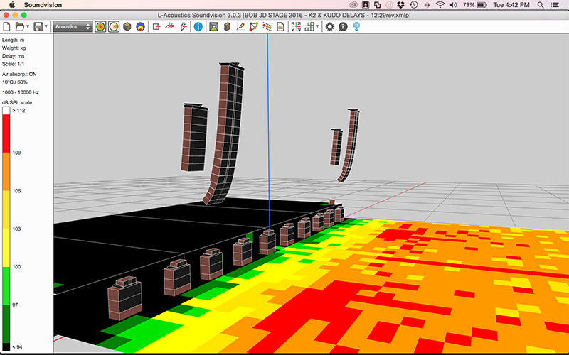 L-Acoustics SoundVision coverage prediction of the spaced cardioid arrays and line array hangs.