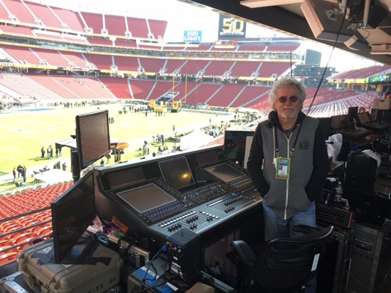 Sound designer and FOH mixer Pat Baltzell, during set up and rehearsals of Super Bowl 50. Photo courtesy Pat Baltzell
