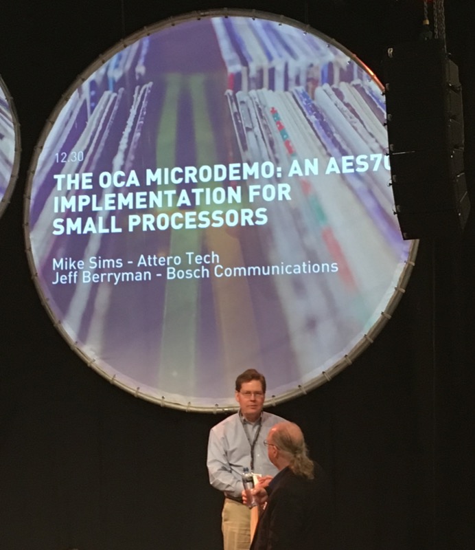 Alliance technical Workgroup members Mike Sims and Jeff Berryman presentation, The OCA MicroDemo:  An AES70 Implementation for Small Processors, in the ISE Audio Solutions Theatre 