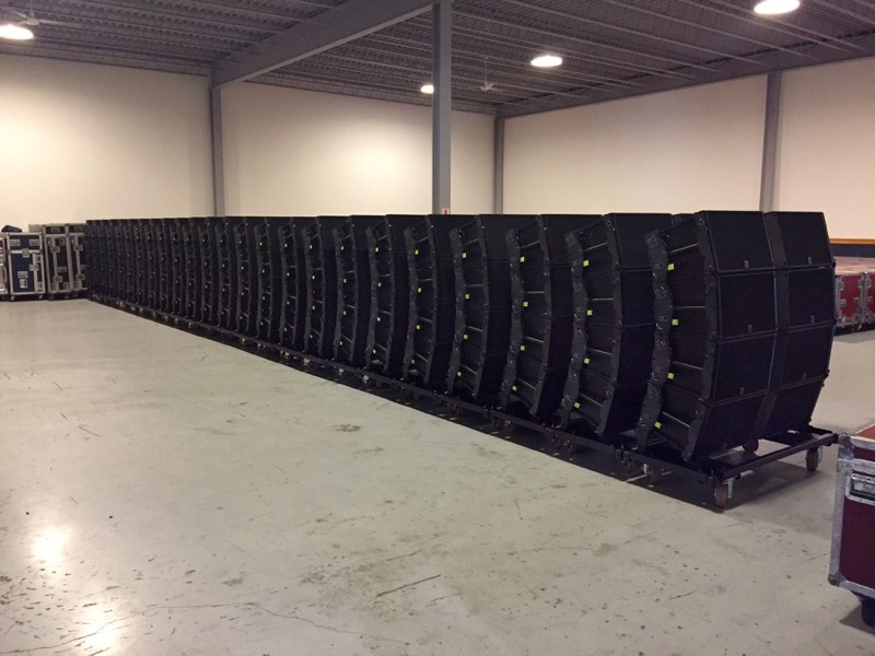 Firehouse Productions’ 96 new L-Acoustics K2 enclosures stacked four-high on K2-Chariots