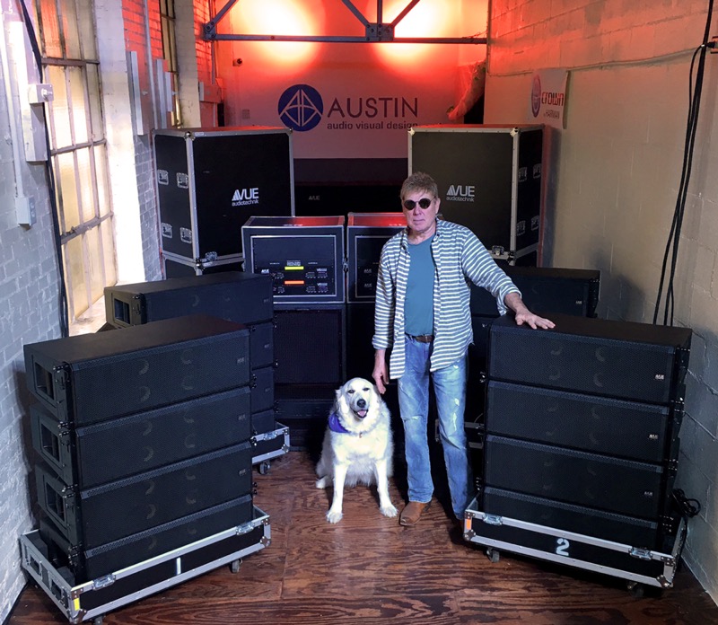 Austin AV owner Philip Austin with his most loyal office assistant, Sydney, a 4-yr old Kuvasz. Pictured with their VUE al-8 system.