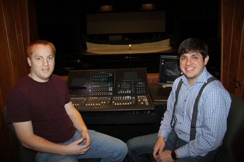 Pictured L-R: Andy Berg and Justin Durham, pictured with the Roland M-5000. OHRCA Live Mixing Console at the Tucker Theatre at Middle Tennessee State University’s Boutwell Dramatic Arts Building.