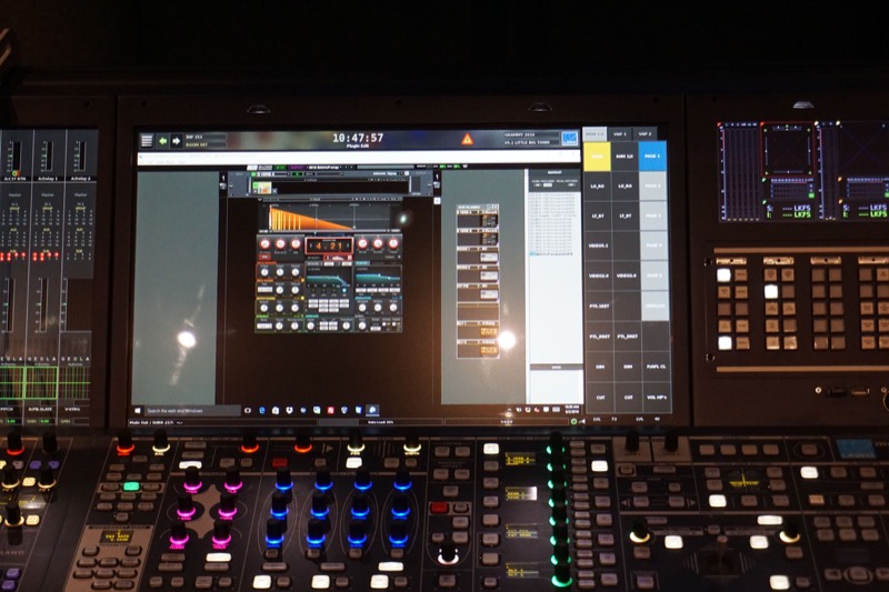 A view of M3’s workflow for the 58th annual GRAMMYAwards, featuring a Lawo mc256 console and Waves MultiRack SoundGridplugins. 