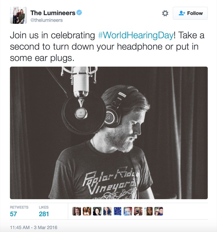 The Lumineers - Social media posts by musicians raising awareness for World Hearing Day, a World Health Organization initiative supported by Sensaphonics.
