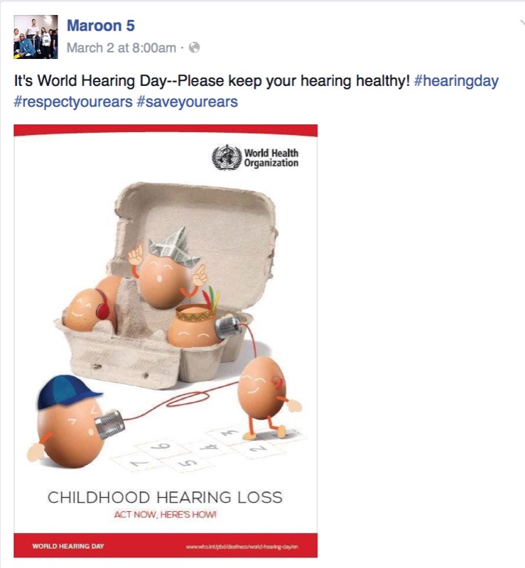 Maroon 5 - Social media posts by musicians raising awareness for World Hearing Day, a World Health Organization initiative supported by Sensaphonics.