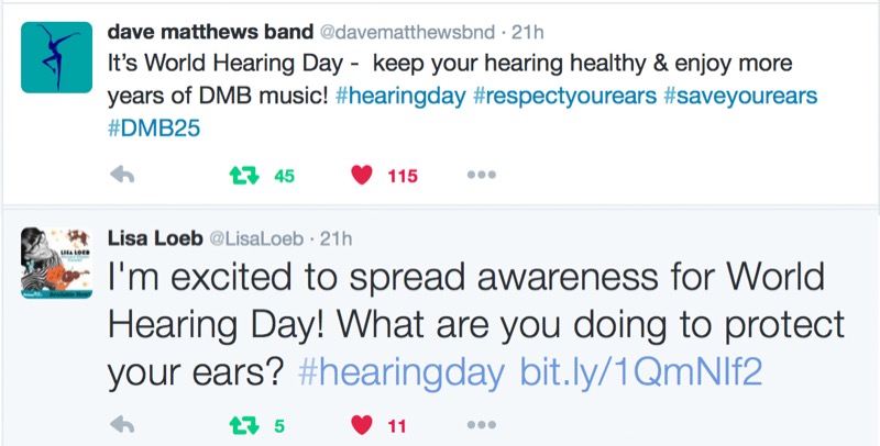 Social media posts by musicians raising awareness for World Hearing Day, a World Health Organization initiative supported by Sensaphonics.