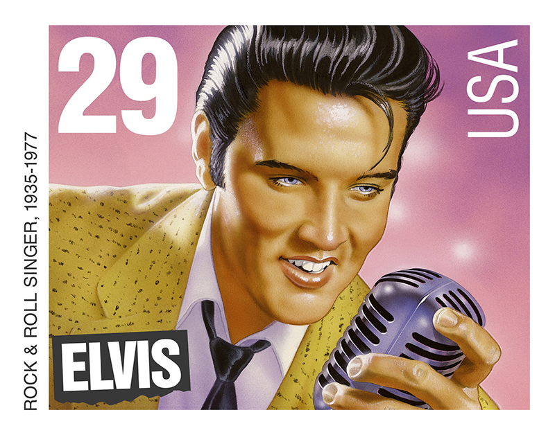 A 1993 commemorative stamp had Elvis singing into a Shure Model 55.