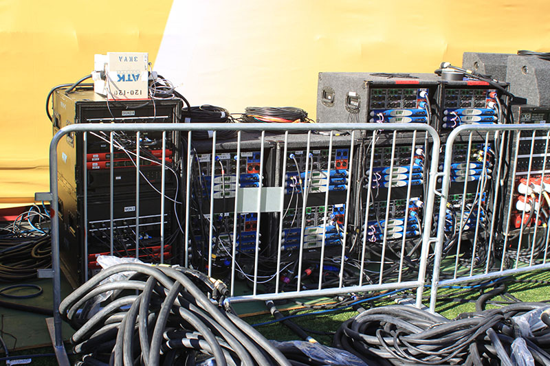 A view of a portion of ATK Audiotek’s audio networking infrastructure set up at Super Bowl 50 to serve the halftime show. Focusrite RedNet D16R AES3 I/O’s are a prominent component of this setup.