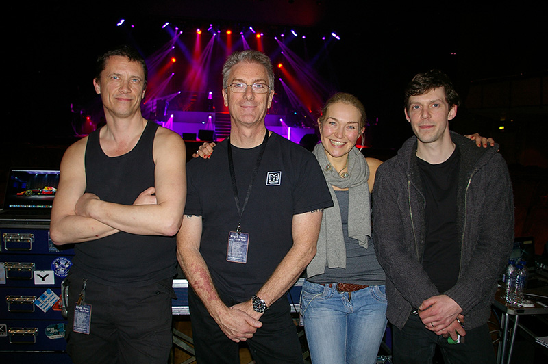 From left, Andy Greenwood (system tech), Chris Pyne (FOH engineer), Becky Pell (monitor engineer), Jason Thomas (monitor tech)
