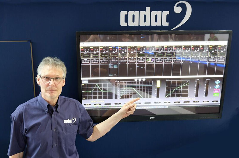 Cadac director of sales and marketing Richard Ferriday demonstrates CDC Offline Editor software on Cadac’s Prolight+Sound booth in Frankfurt, Germany on April 5, 2016