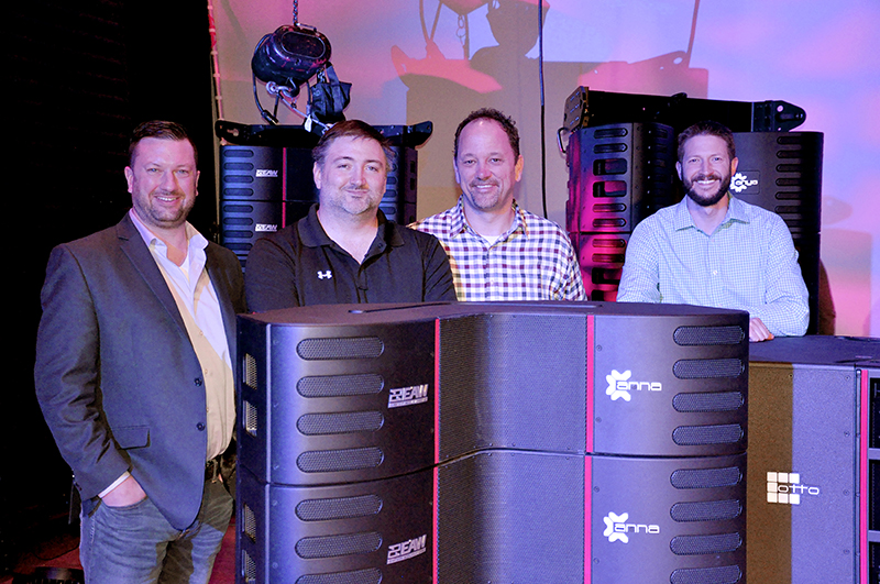 Anderson Audio owner Chris Anderson is pictured here second from left with EAW's Jim Newhouse, Rusty Waite and TJ Smith alongside EAW's new Anna rig.