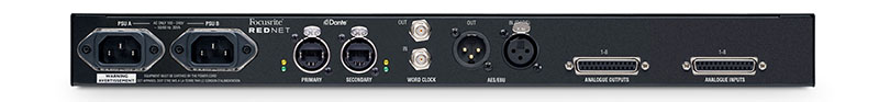 Focusrite RedNet A8R Offers Eight Channels of Analog I/O, with Redundancy. Back panel view