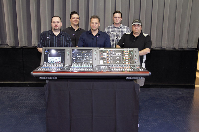Pictured here with Eighth Day Sound's new Yamaha PM10 console are, from left, CW Alkire, Jordan Kolenc, Jason Kirschnick, Jim Allen and Andy Morrison.