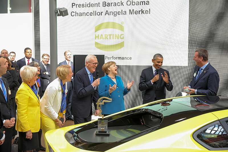 President Obama met with Germany's chancellor Angela Merkel at Harting's booth during MICA in Hannover, Germany in late April.