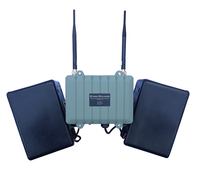 StreetSounds consists of a 900 MHz wireless radio, an internal 70 watt 2-channel audio amplifier, weatherproof speakers, and mounting brackets designed for simple mounting to a street-light or traffic-light pole.