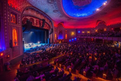 Laurie Anderson and Philip Glass perform on M&L Sound’s K2 rig at Knoxville’s Tennessee Theatre during the Big Ears Festival. Photo: Bill Foster