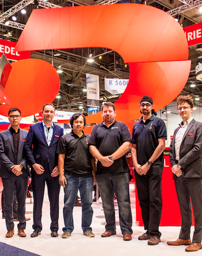Cameron O'Neill, Riedel's director, Asia-Pacific region, and Fintan Mc Kiernan, CEO, Ideal Systems at the 2016 NAB Show with colleagues.