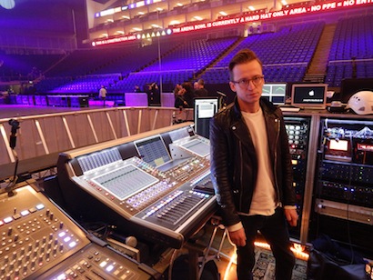 FOH engineer Joe Harling at the Delirium World Tour’s DiGiCo SD5, with a slight view of the SD10 (left) used by the opening acts.
