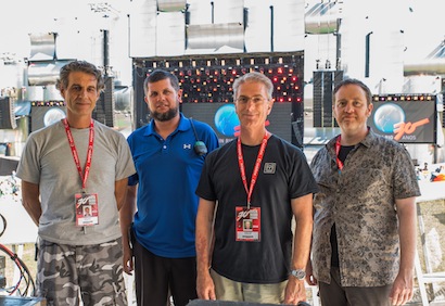 Peter Racy, head of audio from Gabisom; Eder Moura, FOH system tech, and Martin Audio’s Chris Pyne and Jason Baird.