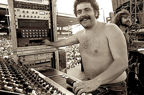 Bob Sterne mixing FOH for Crosby, Stills, Nash & Young concert on the band's 1974 Reunion Tour, at the Atlantic City Race Course, August 9, 1974. Photo by Joel Bernstein