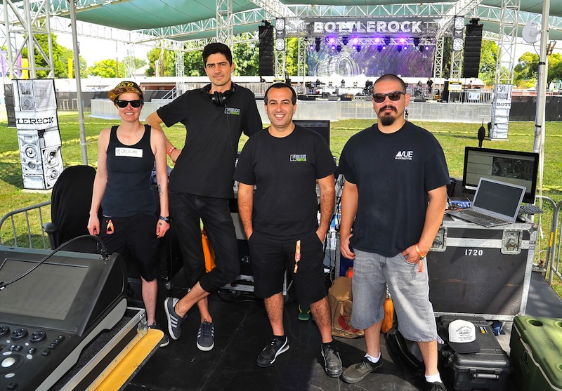 Lindsay Smith, monitor engineer; Sebastian Poux, FOH engineer; Jake-Gukowsky, stage tech, all of Delicate; Joshua Cruz, systems tech VUE.