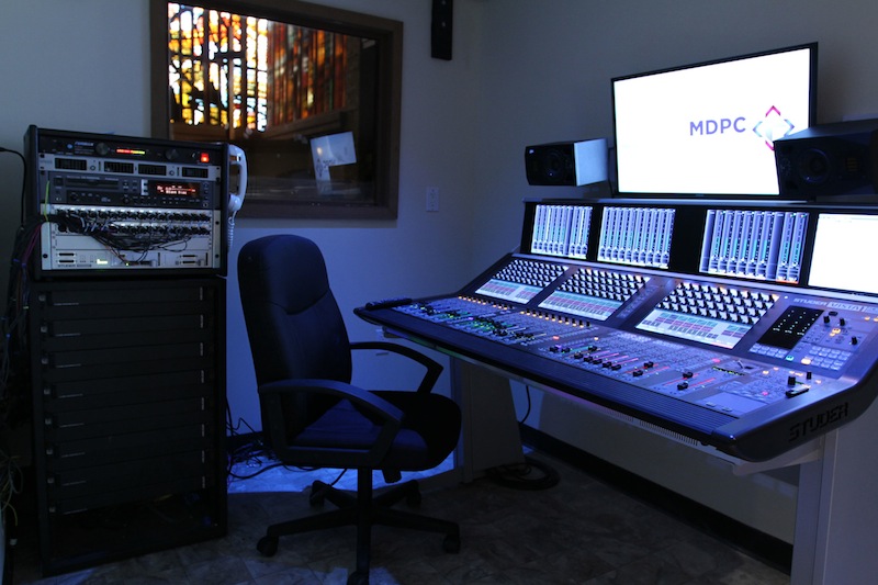 The AV control center at the Memorial Drive Presbyterian Church features a Studer Vista 1 console.