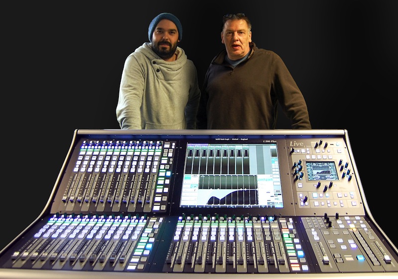 Tim Lenssens (left), sales manager at Joystick Audio; and André Schneider (right), founder/MD of Dee Sound & Light standing behind Dee’s SSL L500 Plus Live console.