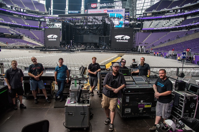 (L-R, back to front): Luke Bryan’s crew: Ed Janiszewski (monitors), Jim Ragus (SE) and Frank Sgambellone (FOH) at a DiGiCo SD5; Little Big Town’s crew: Rudd Lance (SE), Joshua Reynolds (FOH) and Chris Biggs (monitors) at a DiGiCo SD10; and Dustin Lynch’s crew: Erik Rogers (FOH/PM) and Dave Parrish (monitors) at another SD10. Photo: Daniel Vorlet