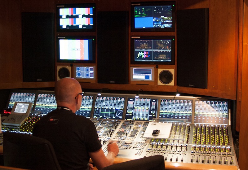 The control room of the OB Van HD1 from RTS: Yves-Alain Schneider (Head of Audio Production) at the AURUS console during the Jazz Festival in Montreux.