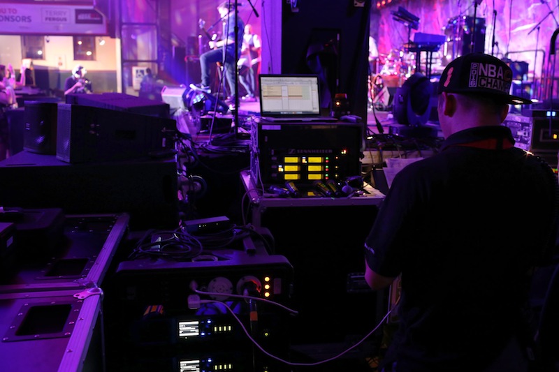 RTHAV’s XTA APA-4E8 Adaptive Processing Amplifiers (lower left), located adjacent to the monitor mix position, delivered plenty of power and processing for the RNC’s closing party in Cleveland.