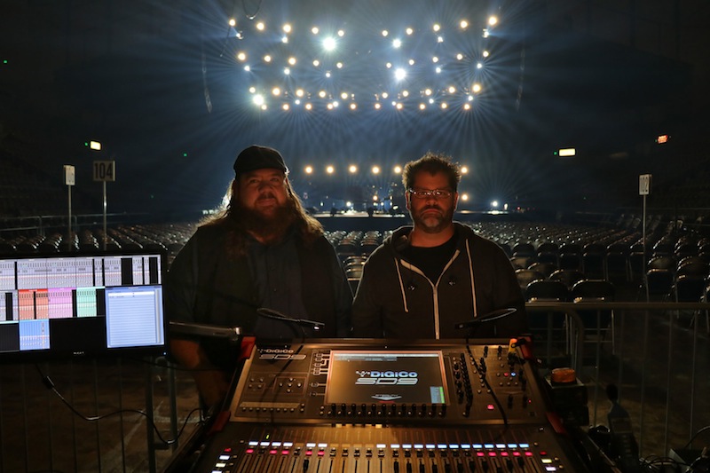 FOH engineer Phillip Osborn (left) and monitor engineer Sam Hewitt at one of Blackhawk Audio’s two DiGiCo SD9 consoles on “The Very Next Thing” tour.