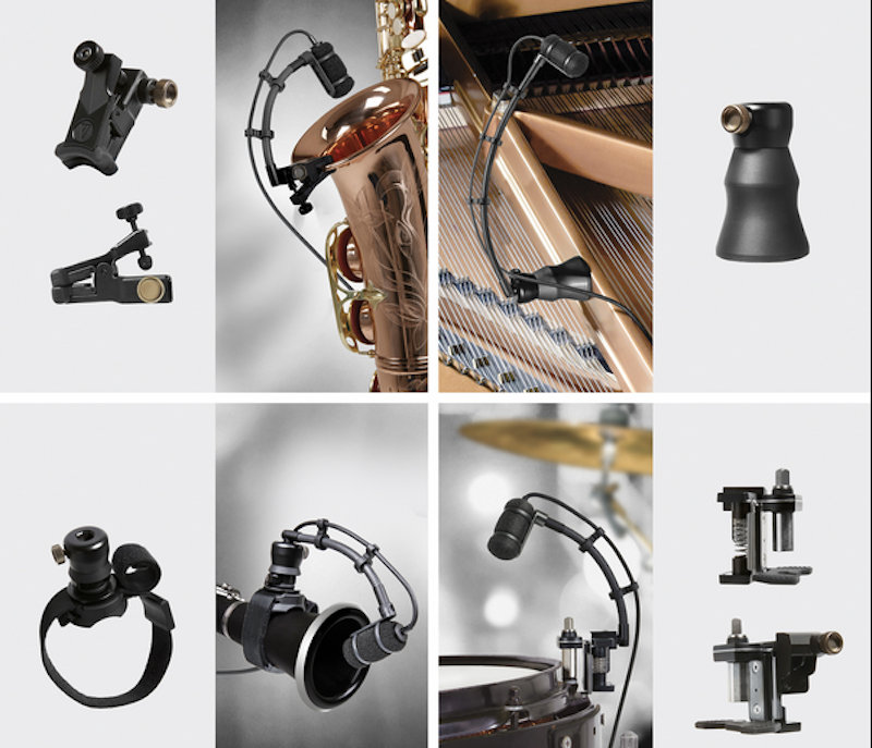 Audio-Technica’s ATM350a Cardioid Condenser Instrument Microphone with UniMount Mounting Components. Microphone mounts shown separately are AT8491U Universal Clip-on Mount on top left, AT8491PL Magnetic Piano Mount on top right, AT8941W Woodwind Mount on bottom left, and AT8941D Drum Mount on bottom right.