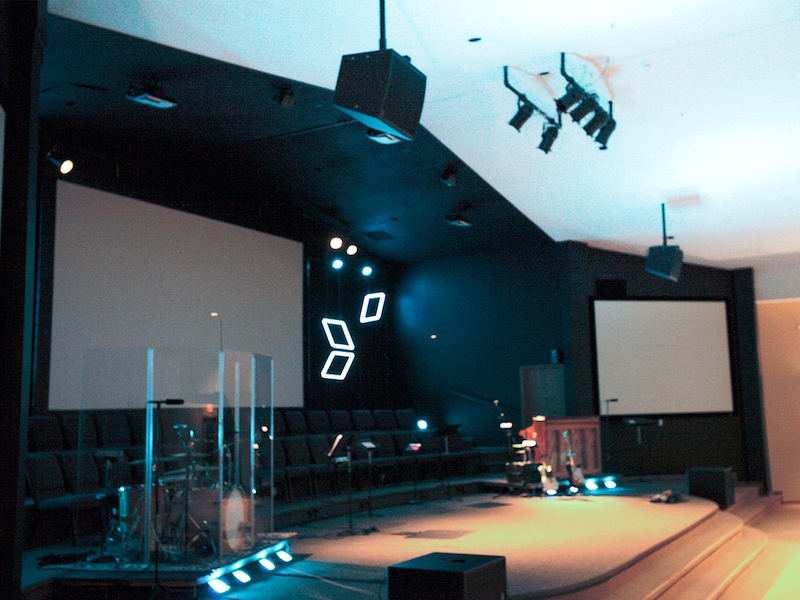 The stage area inside Capitol City Church’s sanctuary.