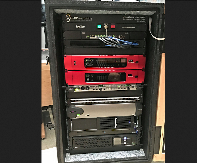 An equipment rack at Millersville University, including RedNet components from Focusrite. The gear was installed by Clair Solutions.