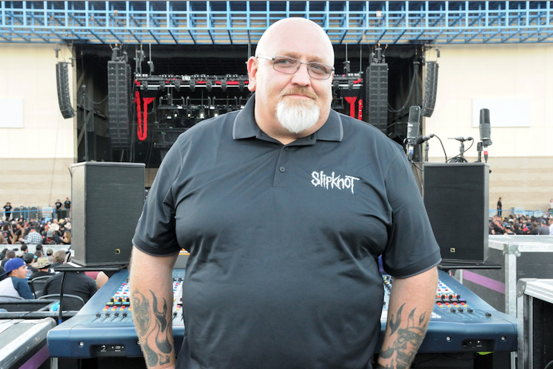 Slipknot FOH Engineer Dave “Shirt” Nicholls at Knotfest’s house mix position, which featured a pair of self-powered L-Acoustics 108P coaxial enclosures as nearfield monitors.