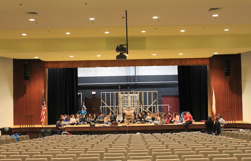 Pilgram HS theatre educator Rich Denningham and students prepare for upcoming production, and Nexo Geo M6. Photo: Bill Murray