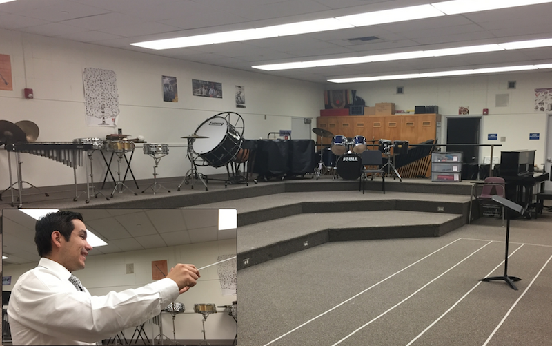Arroyo Seco band room and Instructor Kelvin Flores.