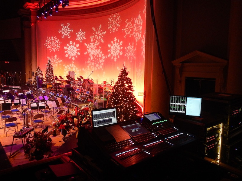 The US Navy Band’s DiGiCo SD10 monitor desk at stage left.