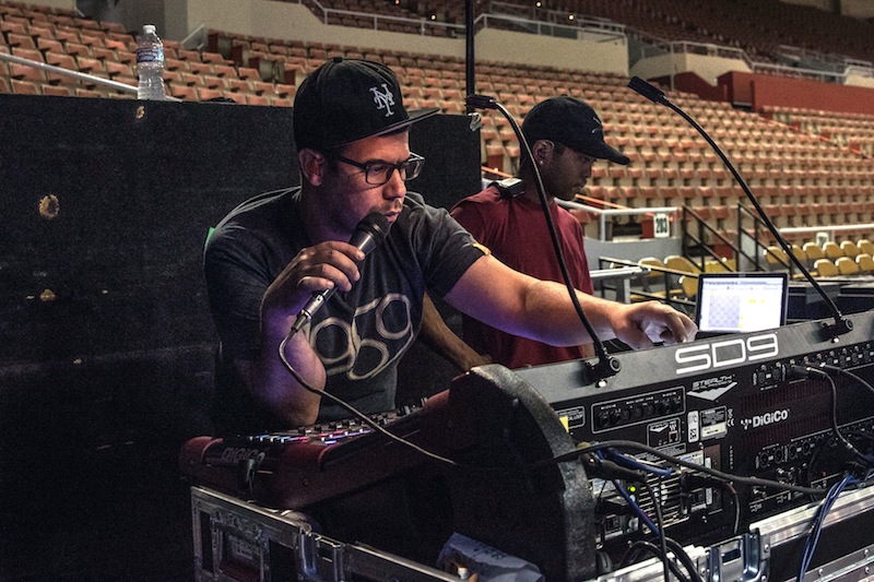 Monitor engineer William Valentine (left) manning the DiGiCo SD9, with playback tech David Reyes standing nearby. Photo: Andrew Hawkes