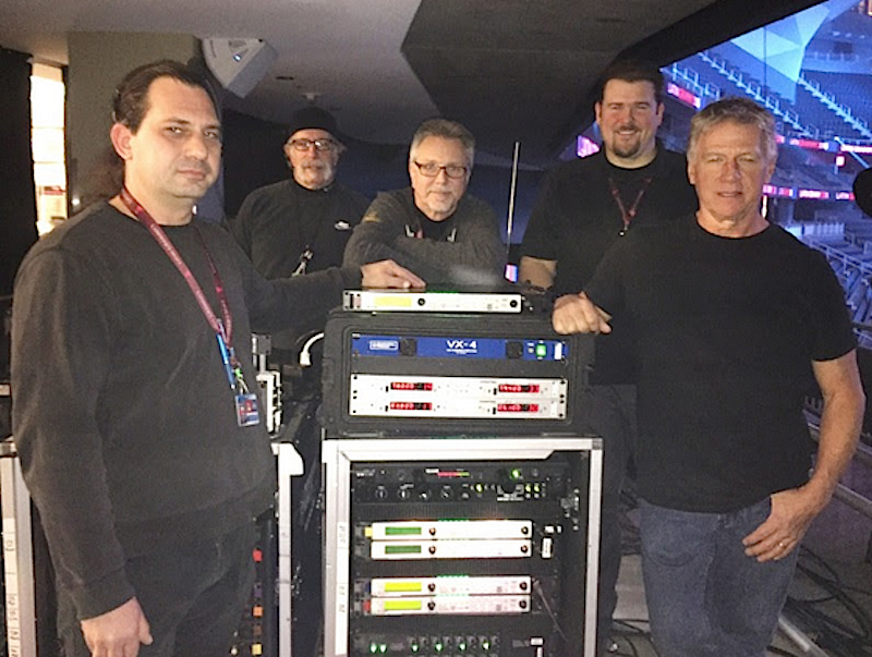 The RF team at the Latin Grammys: Jason Lambert, RF tech; Dave Nichols, PL tech; Tim Kepner, PL engineer; Gary Trenda, RF PL engineer; Jim Van Winkle, PWS general manager.
