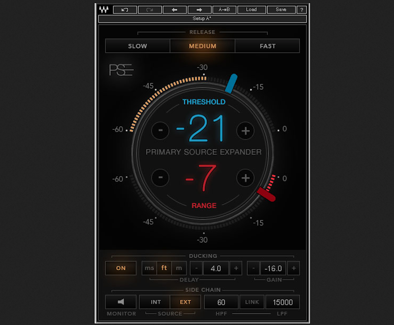 The graphic user interface for the Waves Primary Source Expander (PSE) plugin.